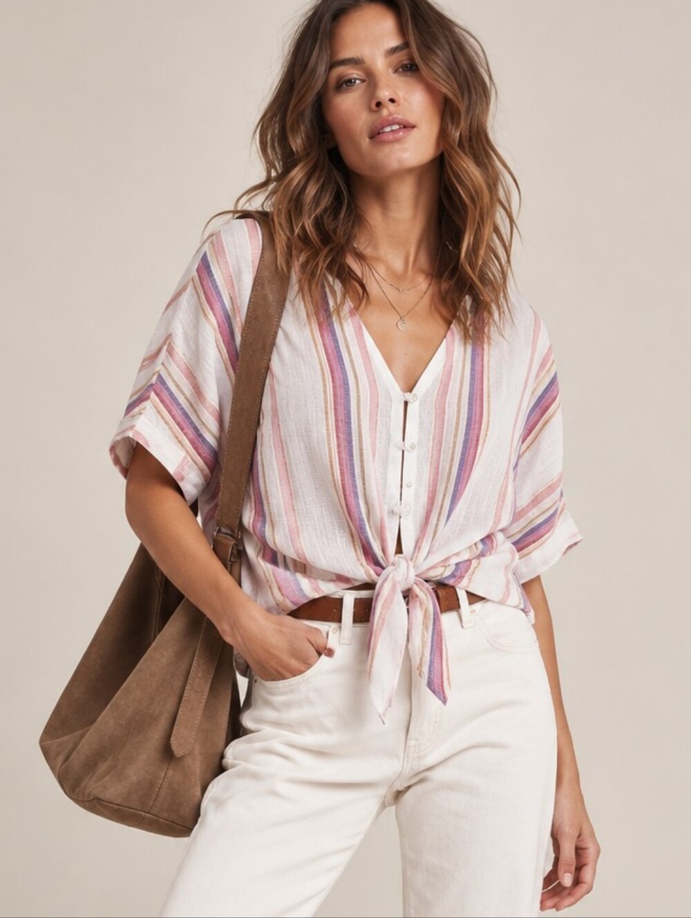 RAILS Thea Tie Front Linen Blend Top In Jewel Stripe Medium